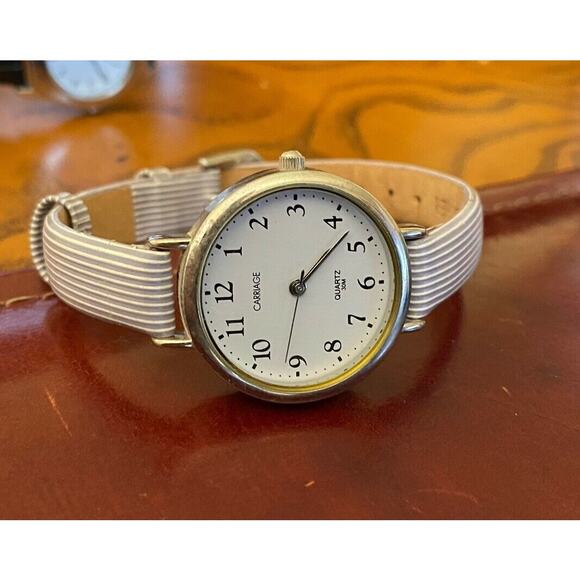 Women's Gold Tone Carriage Watch, WR 30M, Striped Leather Band - Picture 2 of 3